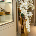 Phalaenopsis orchids cascading in a golden prism planter