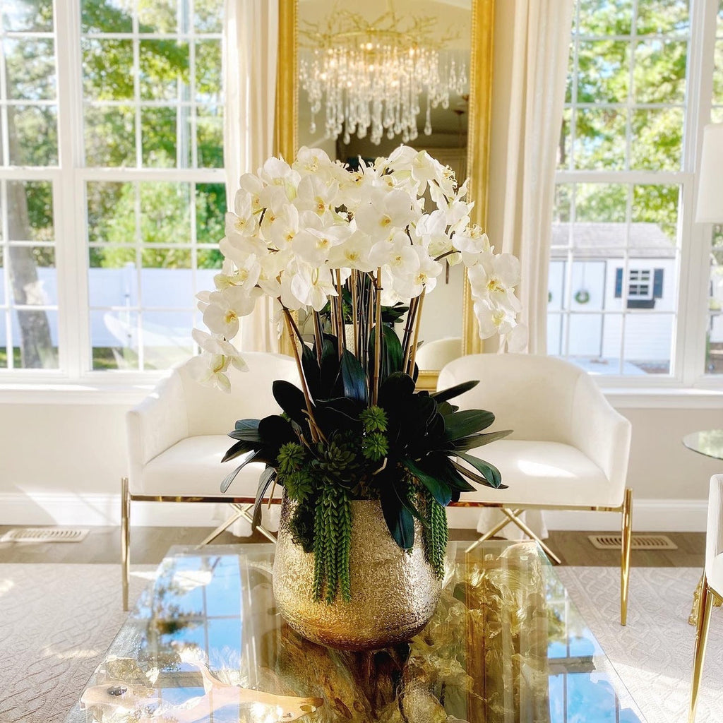 Delaney Gold Vase with Multiple Phalaenopsis Orchid Stems and Succulents