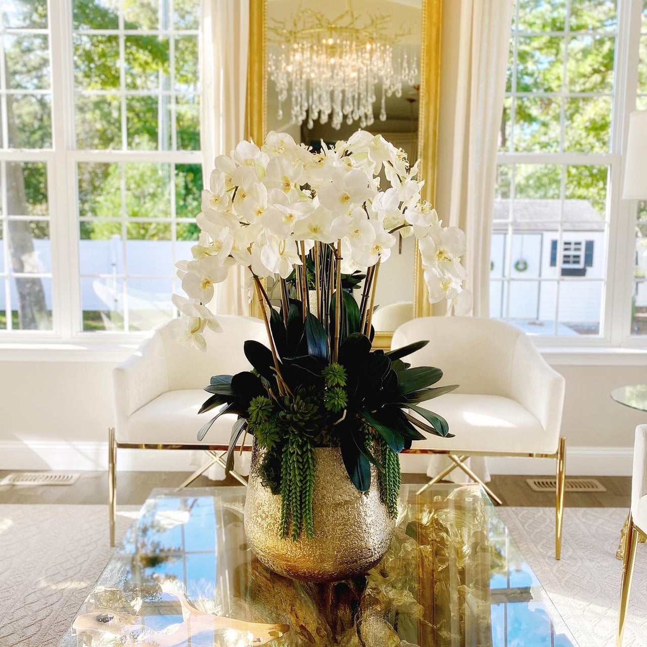 Delaney Gold Vase with Multiple Phalaenopsis Orchid Stems and Succulents