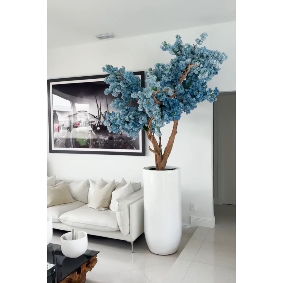 St. Tropez Vase in matte white with blue cherry blossoms