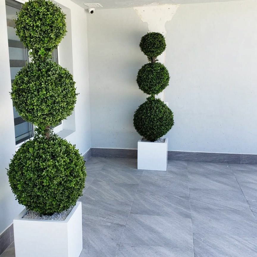 Triple Ball Topiary with Medium Block Fiberglass Planter
