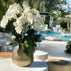 Delaney Vase in Gold with Multiple Phalaenopsis Orchid Stems and Succulents