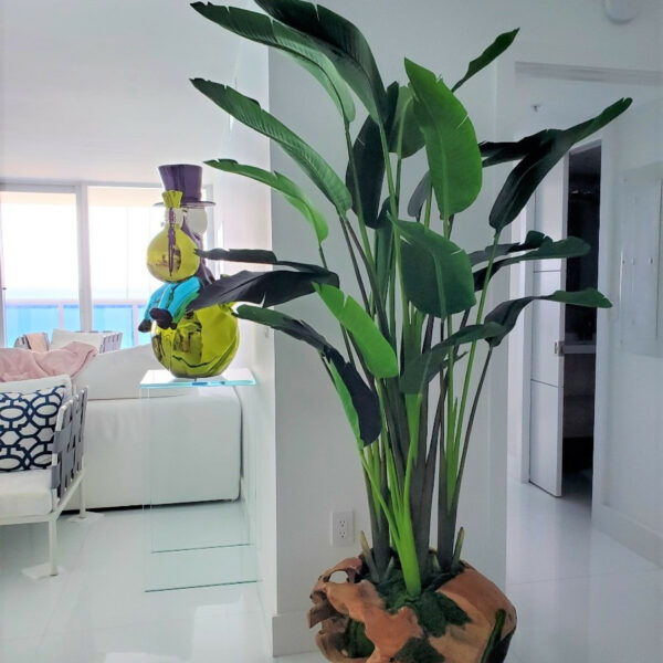 Large Teak Root Vase with Large Bird of Paradise
