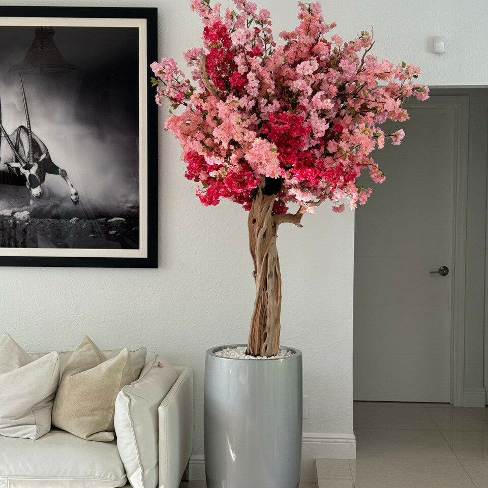Shiny Silver Lisbon Vase with Custom Tricolor Pink Cherry Blossom