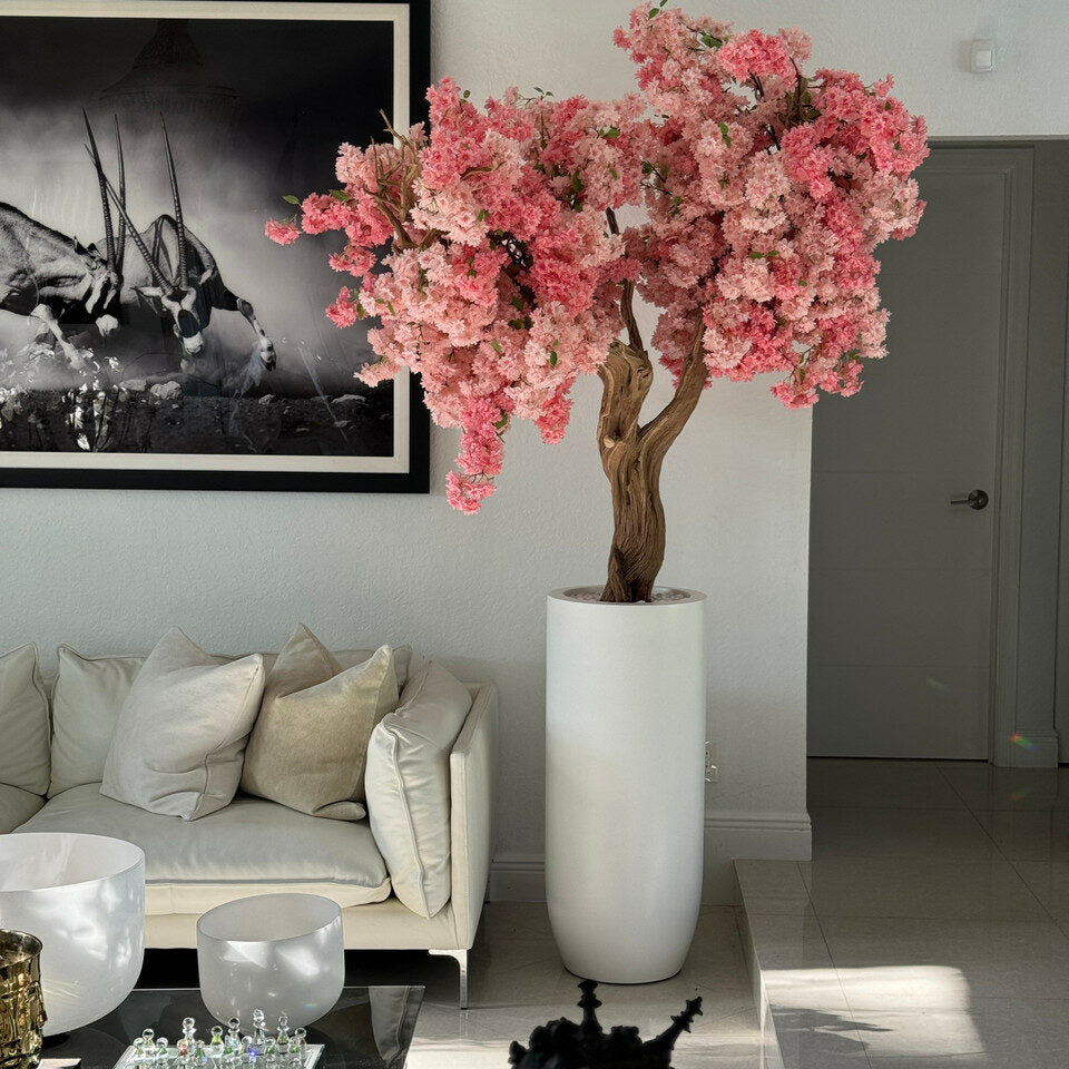 Matte White St. Tropez Vase with Personalized Pink Cherry Blossoms