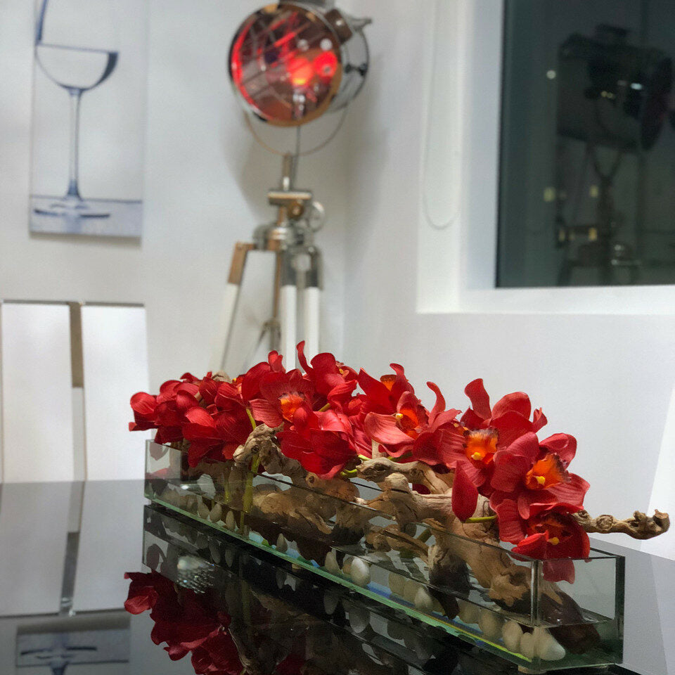 Modern Glass Plant Pot "Modern Home" 122 cm with Red Cymbidiums