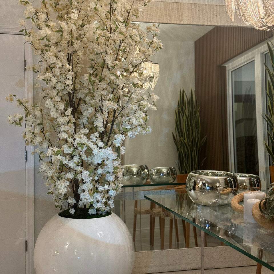 30" Glossy White Globe Vase with White Cherry Blossom Branches