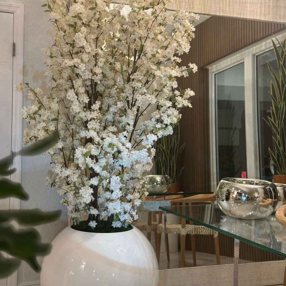 30" Glossy White Globe Vase with White Cherry Blossom Branches