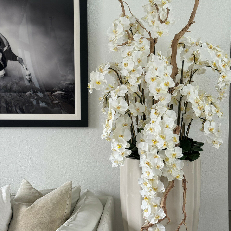 San Jose Beige Sand Vase with White Orchids in Cascade