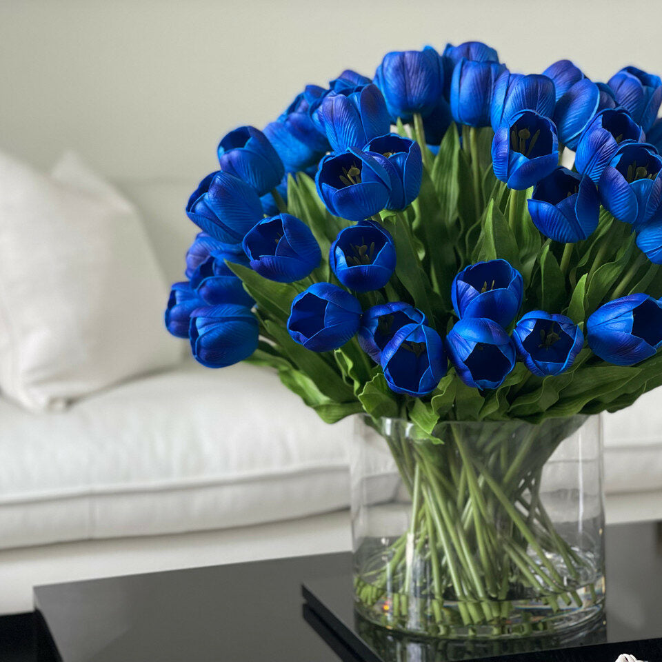 Blue Tulip Arrangement in Large Cylinder Vase