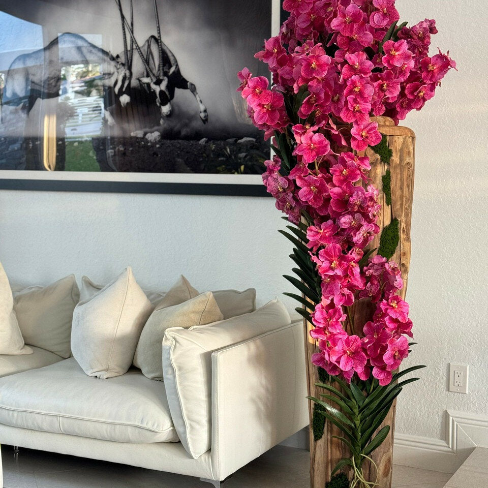 Large Teak Wood Vase with Natural Edges and Pink Vanda Orchids